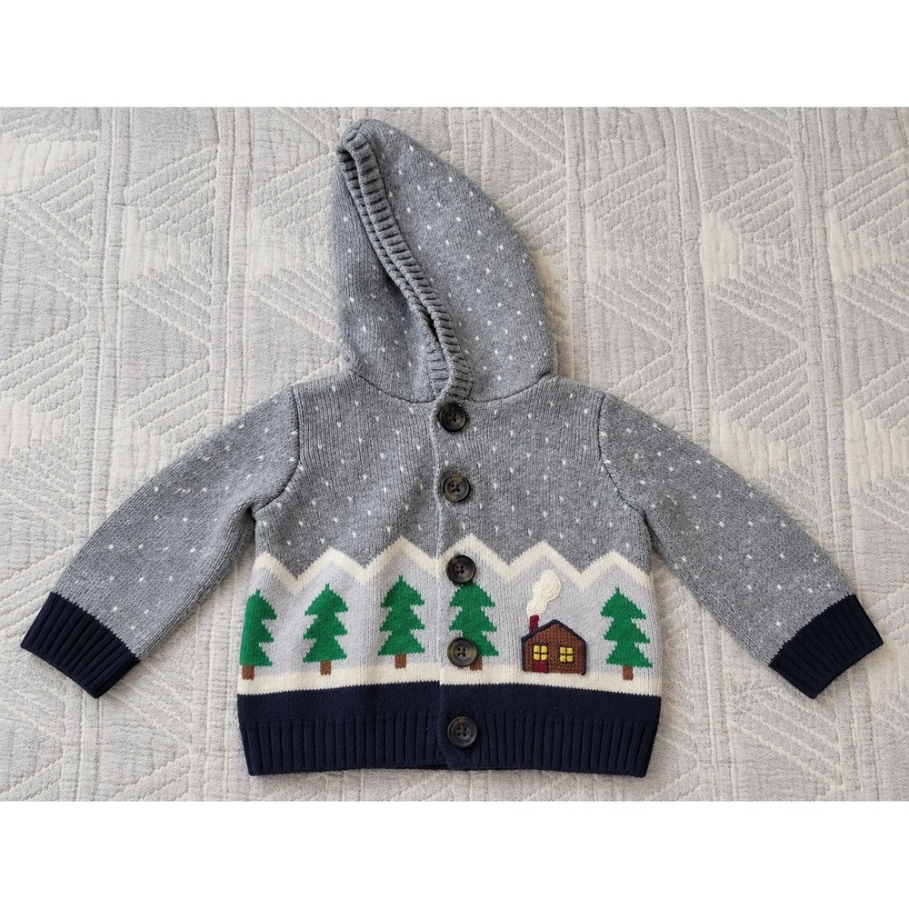Hanna Andersson Wool Blend Hooded Cardigan Baby 3–6M 60cm Cabin Trees